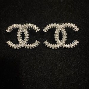 CHANEL Crystal CC Logo Stud Earrings - Silver Tone